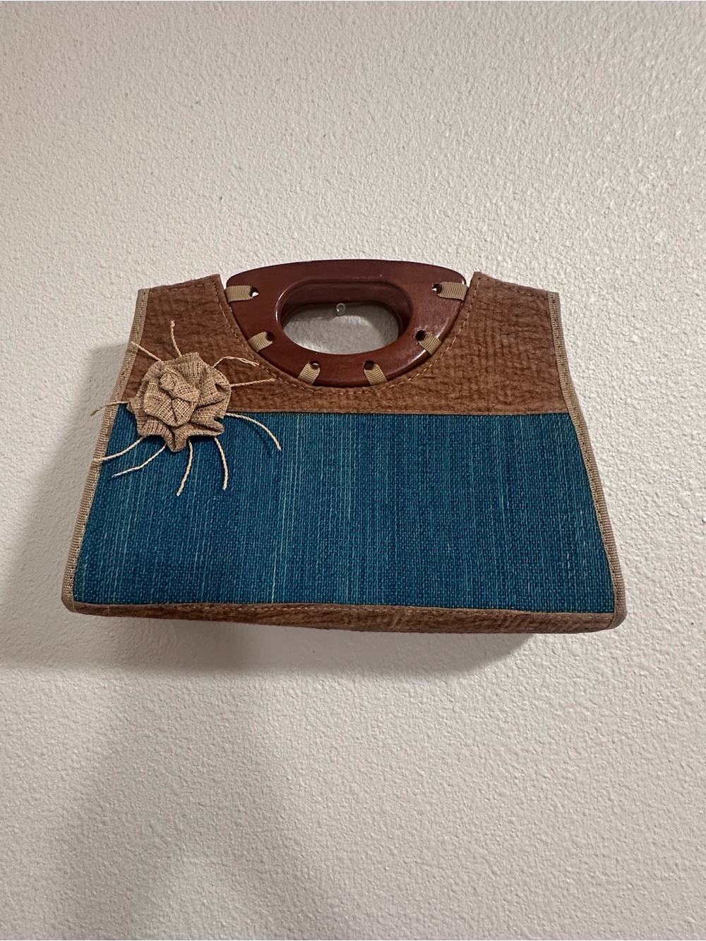 Blue and Brown Straw Tote with Wooden Handles